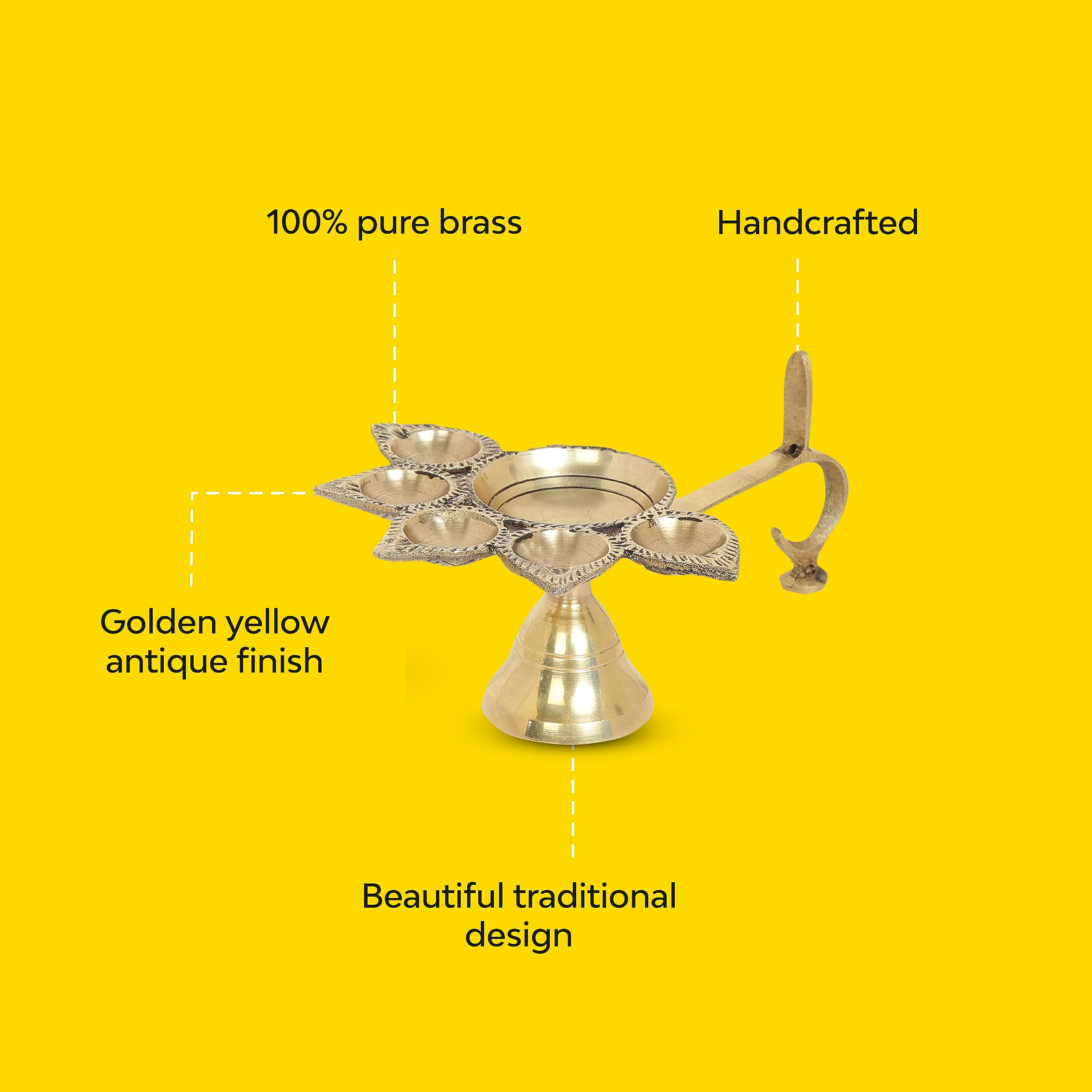 10Club Panch Aarti 100% Pure Brass Diya | Panchmukhi Puja Diya (15L X 11B X 6H cm, 370 gm) | Ghee Lamp | Aarti Ghee Deepak for H